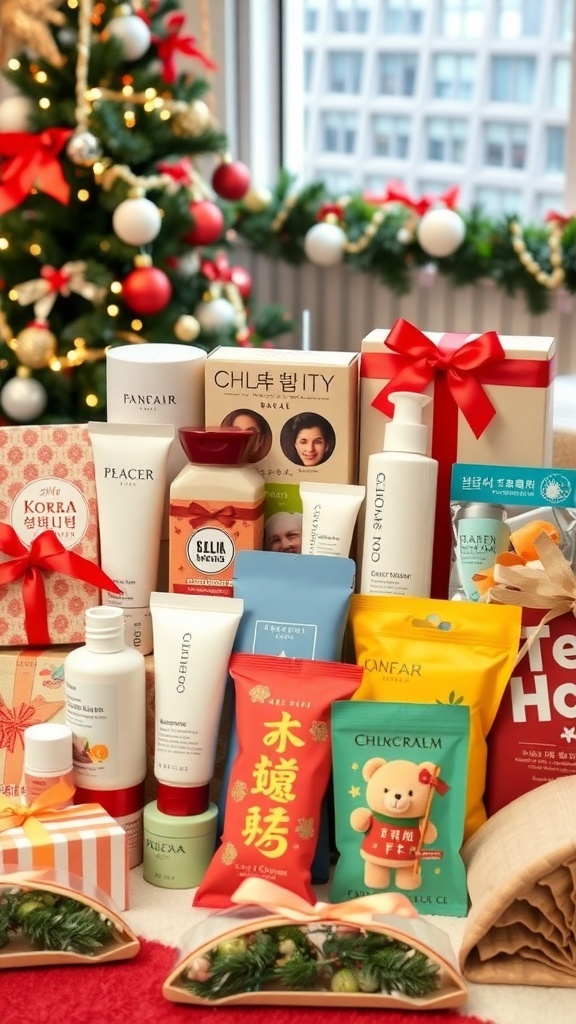 A festive arrangement of various Korean Christmas gifts including beauty products, snacks, and traditional items.